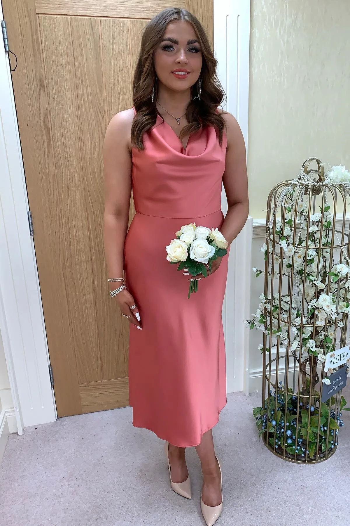 Cowl Neck White Sheath Tea Length Bridesmaid Dress