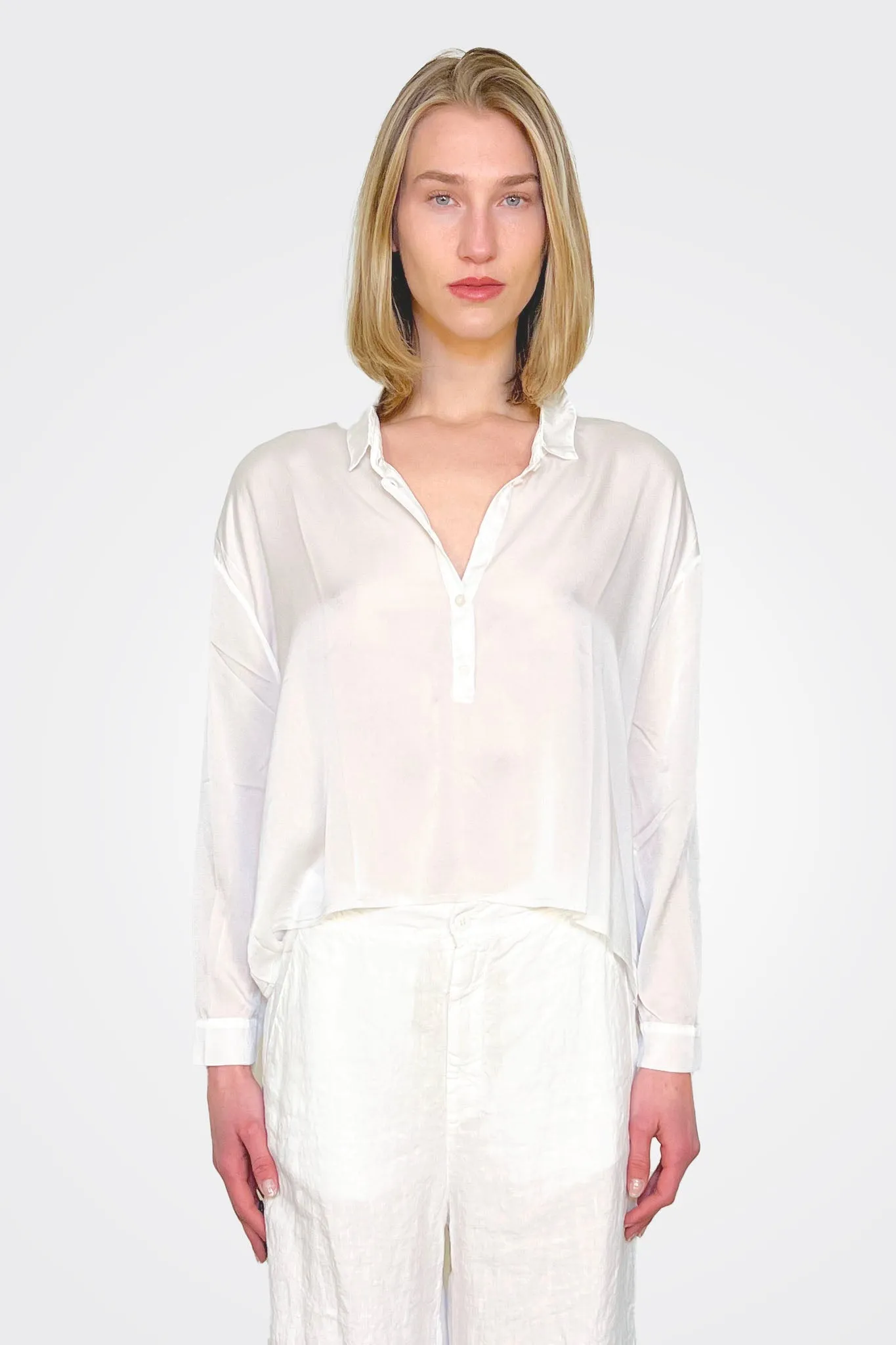 Cropped 3/4 Button Down Blouse - White