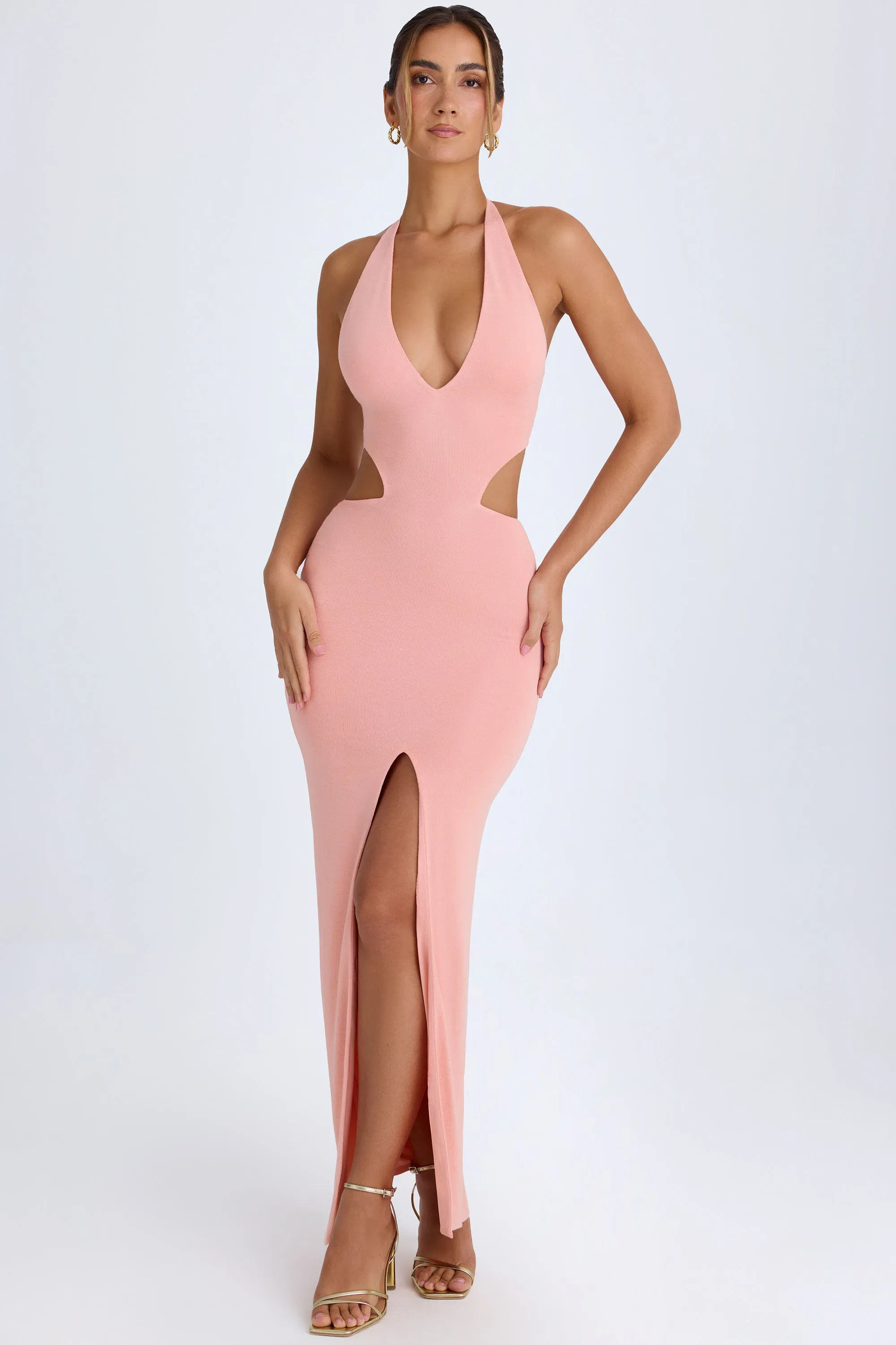 Cut-Out Halterneck Maxi Dress in Apricot Pink
