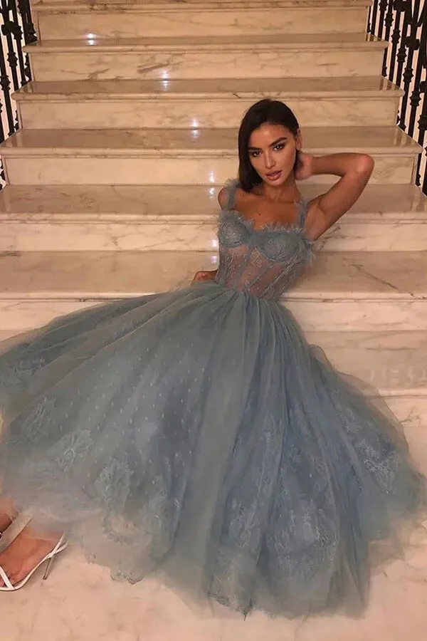 Cute Gray Blue Tulle Sweetheart Lace Short Prom Dresses, Evening Dresses, SP855