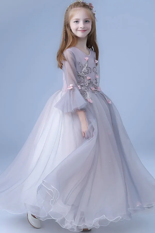 Cute V Neck Long Sleeves Tulle Floor Length A Line With Appliques Flower Girl Dresses