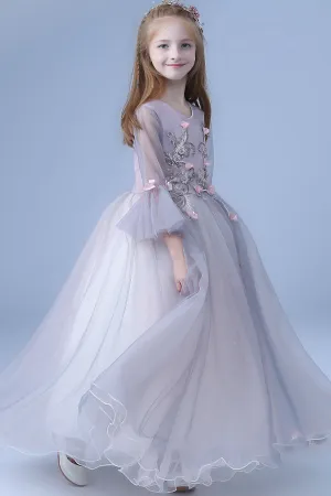 Cute V Neck Long Sleeves Tulle Floor Length A Line With Appliques Flower Girl Dresses