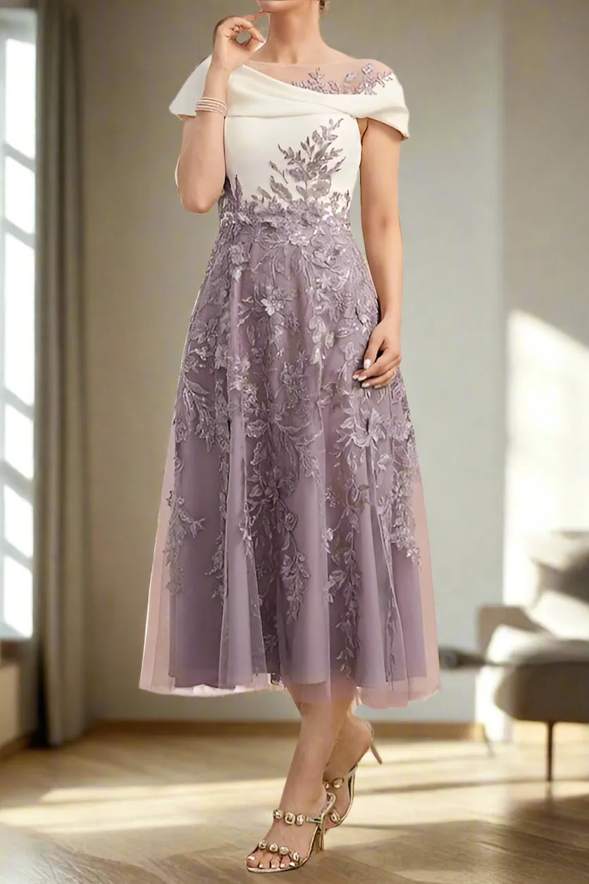 Delicate Illusion Neck Tea Length A-Line Mother of the Bride Dress