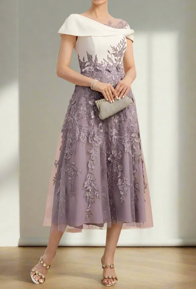Delicate Illusion Neck Tea Length A-Line Mother of the Bride Dress