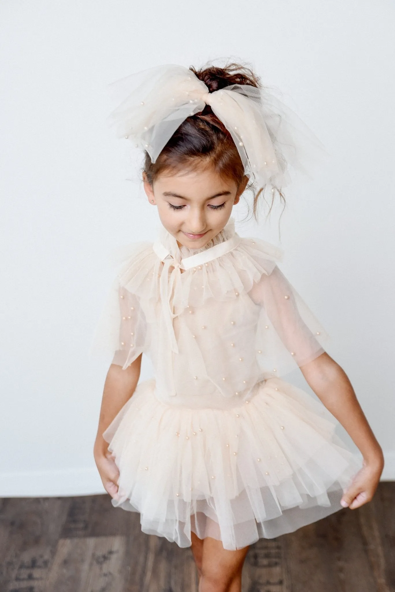 DOLLY Pearl Tulle Tiered Hair Bow - Cream
