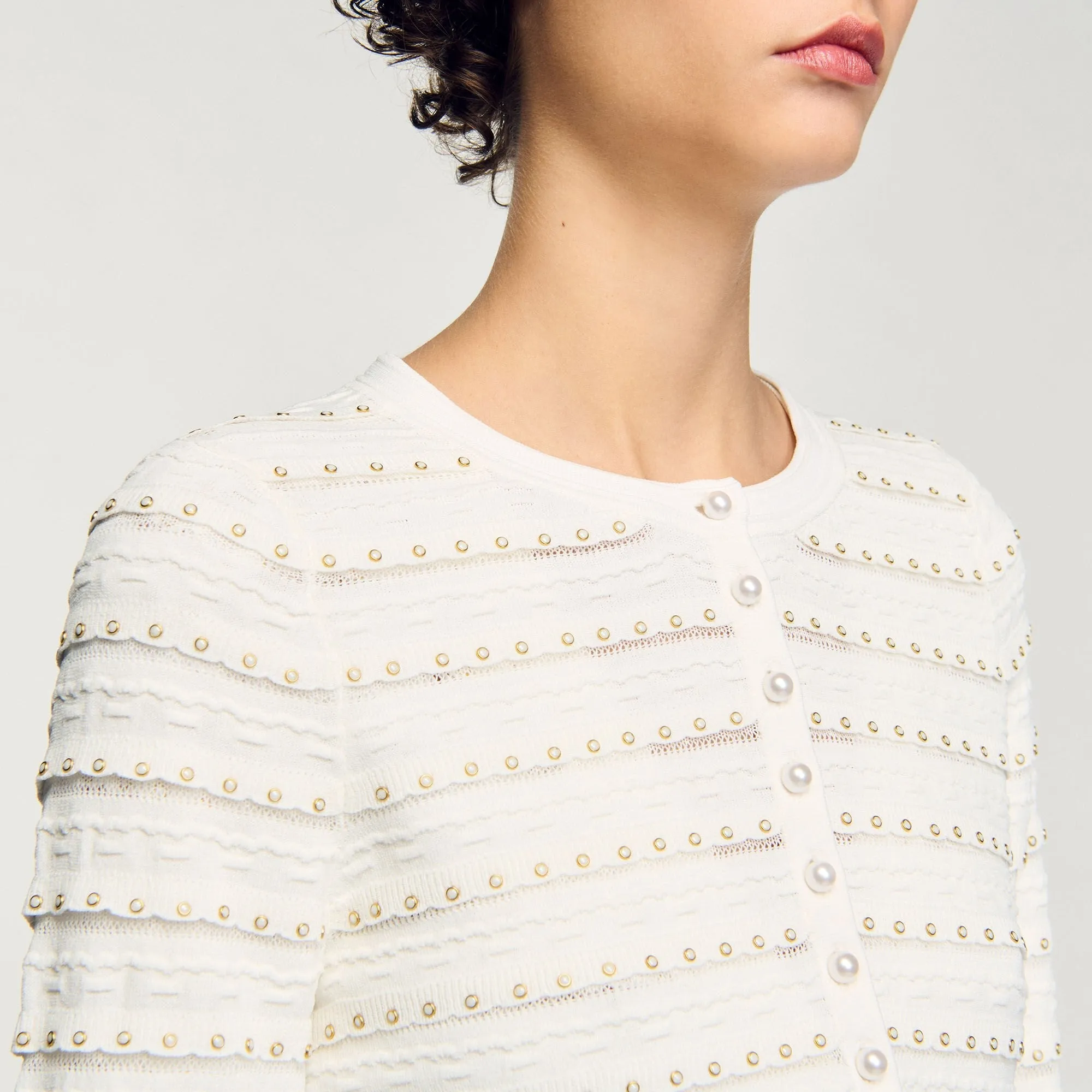 Doux Cropped Cardigan With Pearl Buttons Ecru