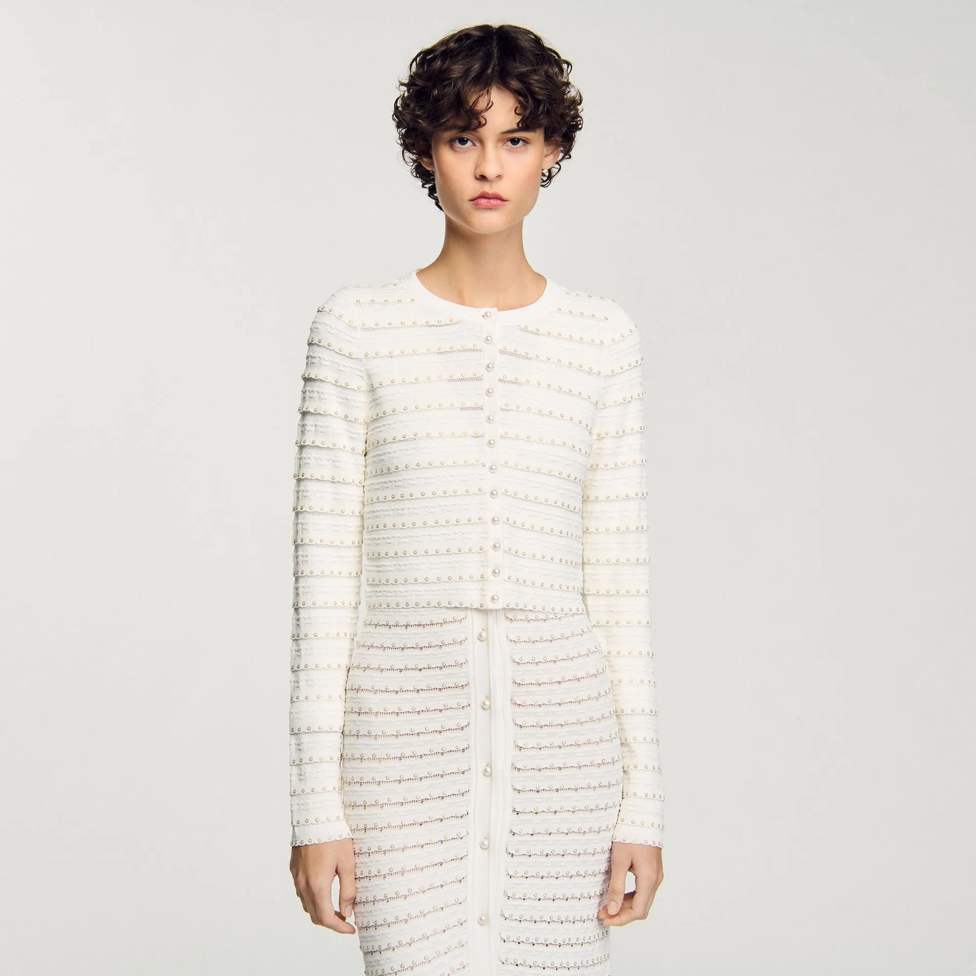 Doux Cropped Cardigan With Pearl Buttons Ecru