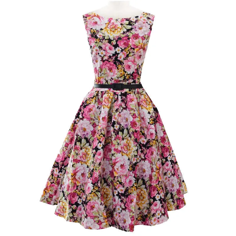 Dress Hepburn Style 1950s Vintage Dresses Round Neck Sleeveless Floral Print Dress With Belt