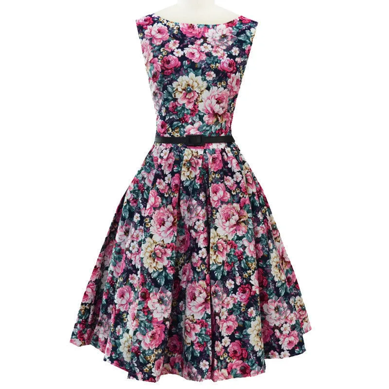 Dress Hepburn Style 1950s Vintage Dresses Round Neck Sleeveless Floral Print Dress With Belt