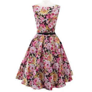 Dress Hepburn Style 1950s Vintage Dresses Round Neck Sleeveless Floral Print Dress With Belt