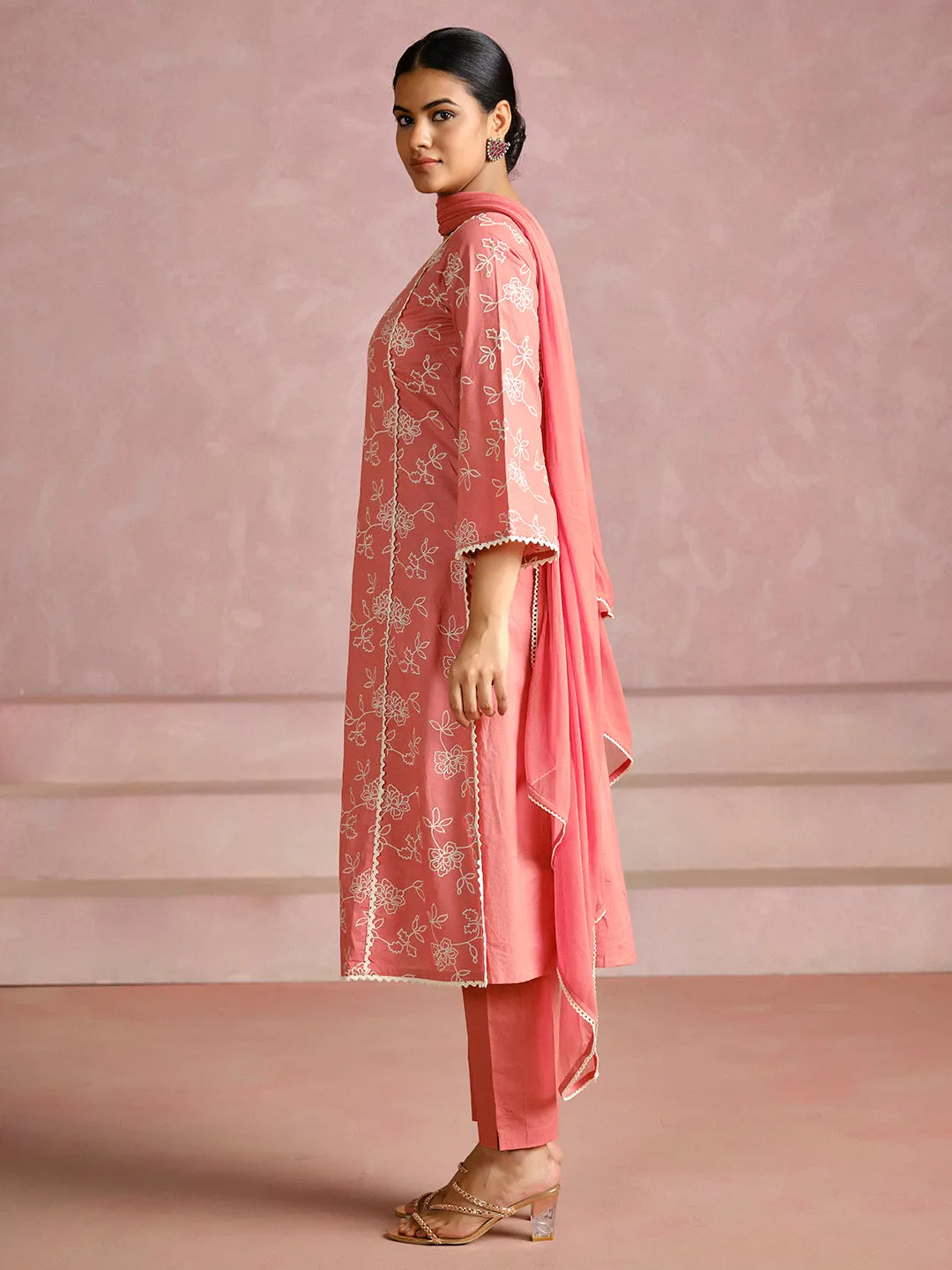 Dull Peach Floral Embroidered Cotton Kurta Set With Dupatta