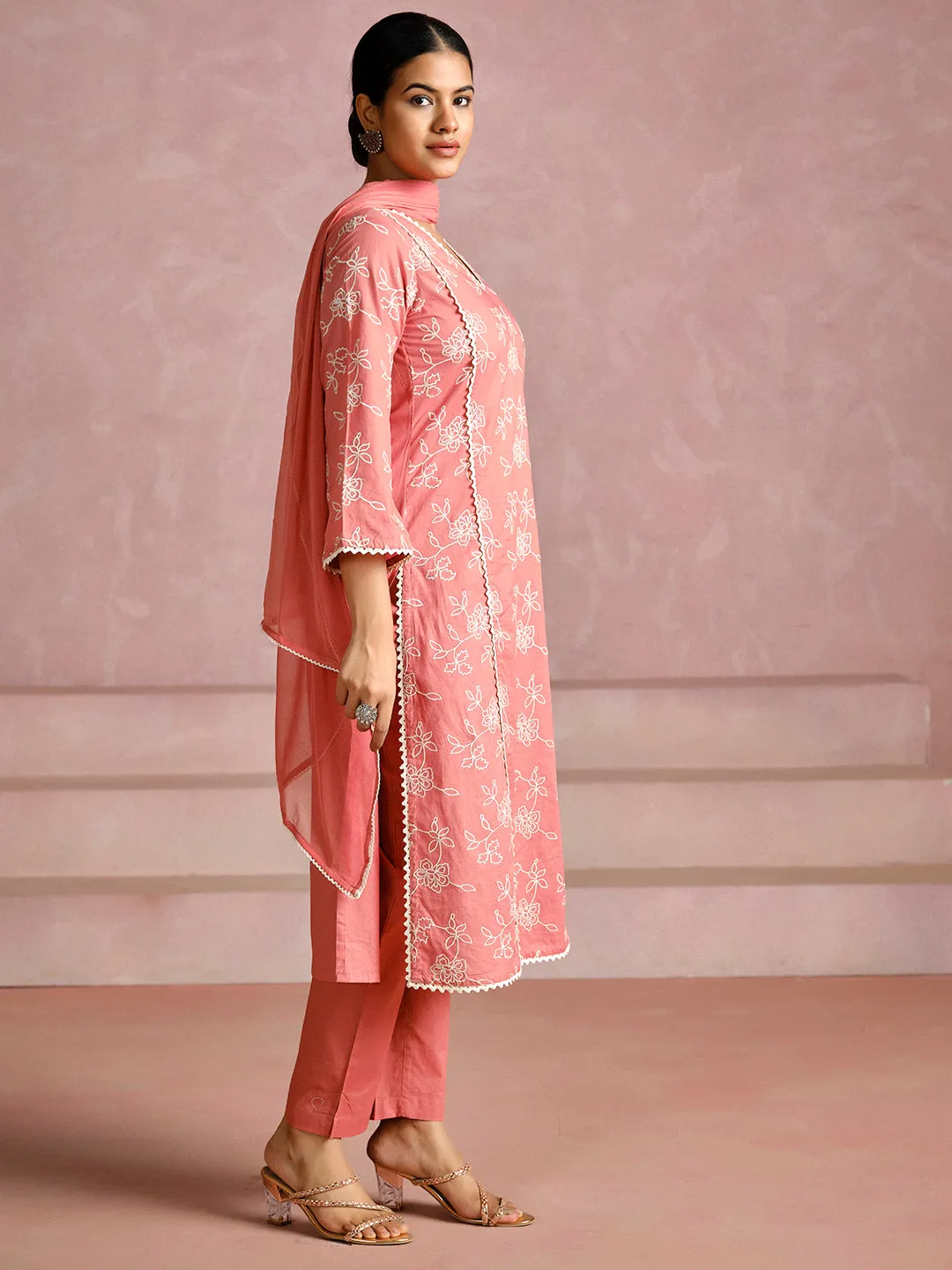 Dull Peach Floral Embroidered Cotton Kurta Set With Dupatta