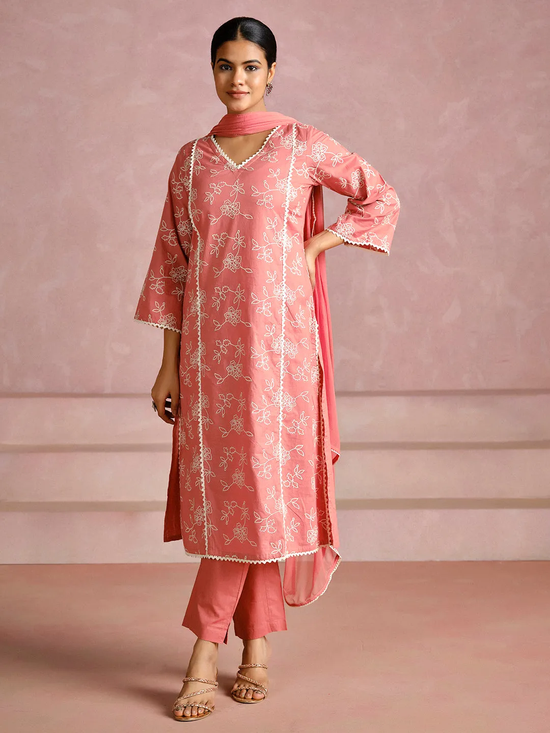 Dull Peach Floral Embroidered Cotton Kurta Set With Dupatta