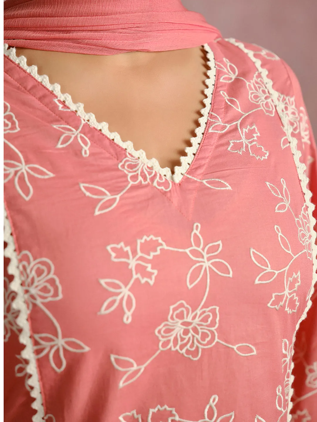 Dull Peach Floral Embroidered Cotton Kurta Set With Dupatta