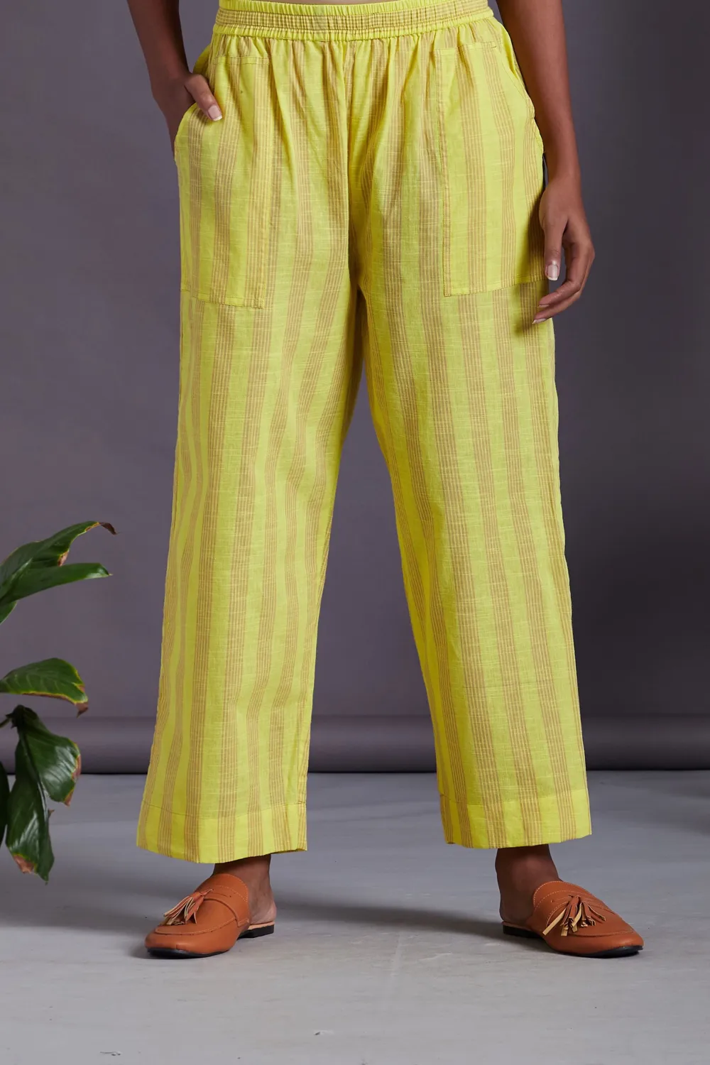 ELASTICATED MANGALGIRI PANTS - lime yellow & brown lines
