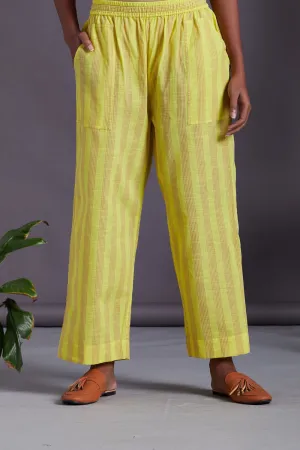 ELASTICATED MANGALGIRI PANTS - lime yellow & brown lines