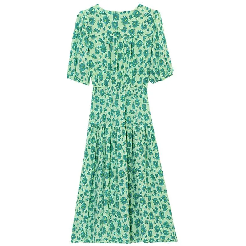 Elegant A-line Elastic-waisted Tea Dress with V-neck and Floral Design