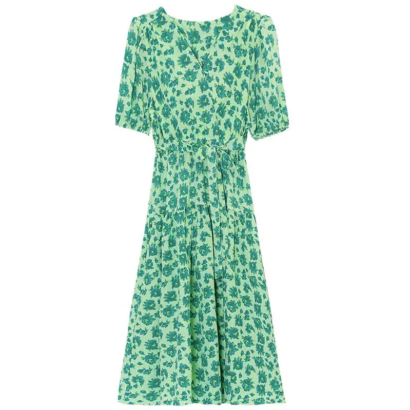 Elegant A-line Elastic-waisted Tea Dress with V-neck and Floral Design