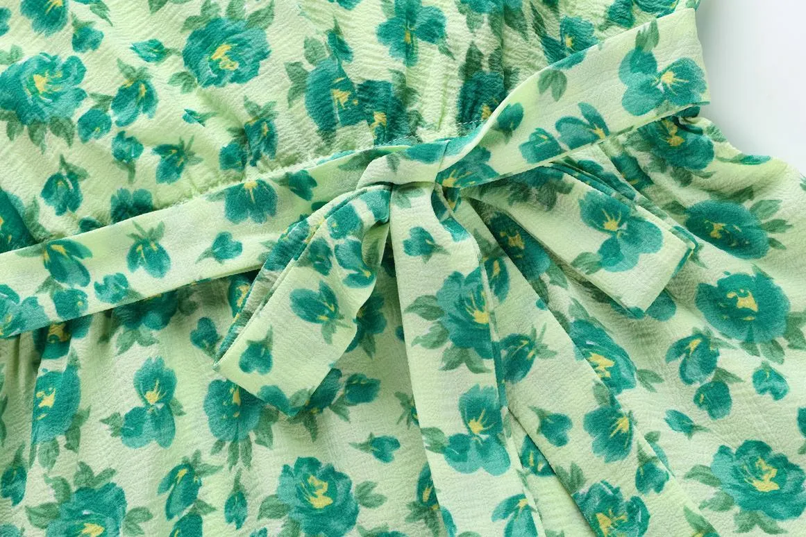 Elegant A-line Elastic-waisted Tea Dress with V-neck and Floral Design