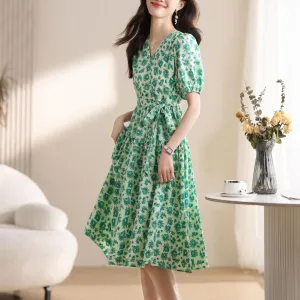 Elegant A-line Elastic-waisted Tea Dress with V-neck and Floral Design