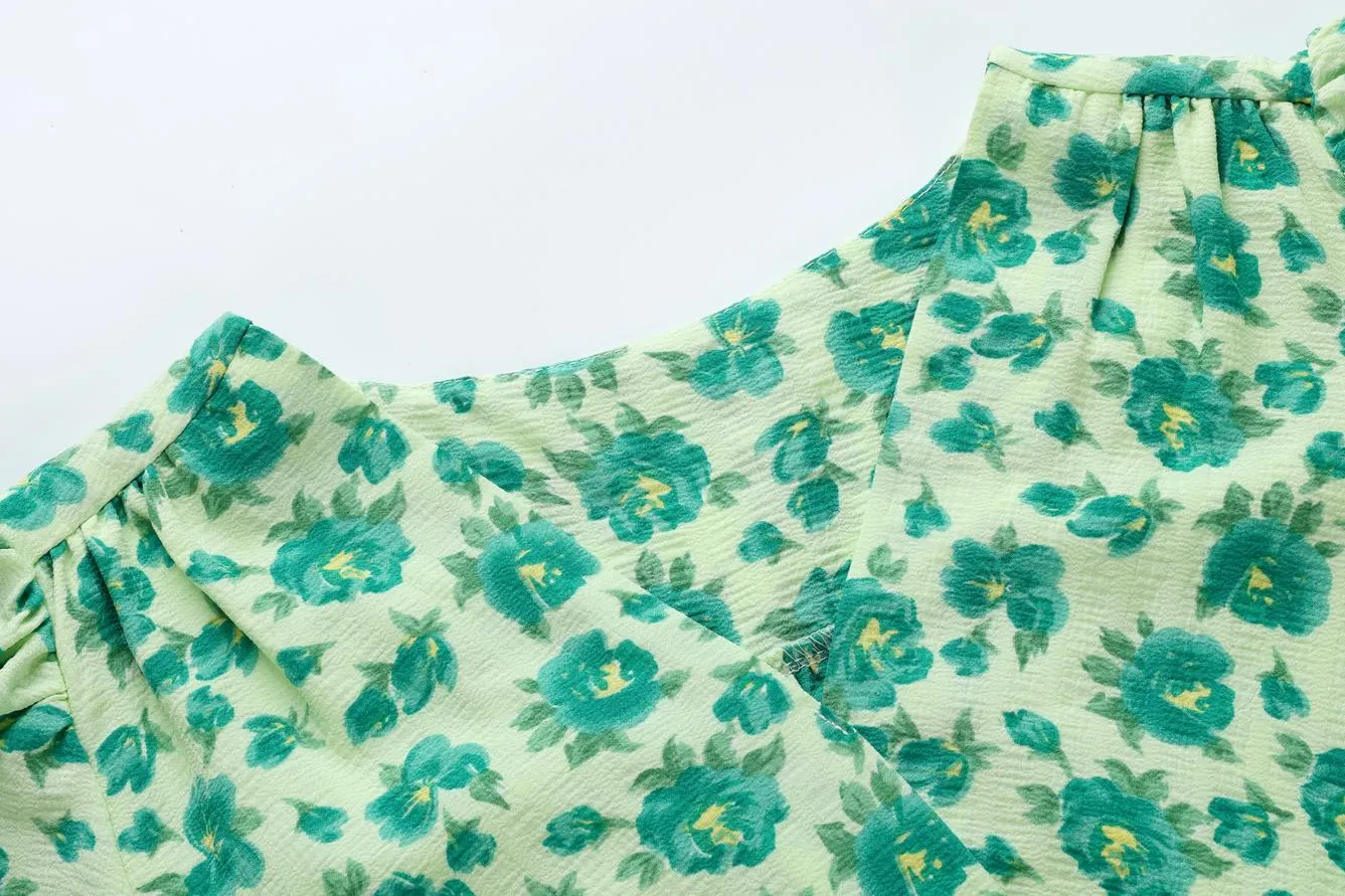 Elegant A-line Elastic-waisted Tea Dress with V-neck and Floral Design
