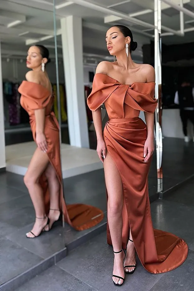Elegant Burnt Orange Off-The-Shoulder Mermaid Split Prom Dress