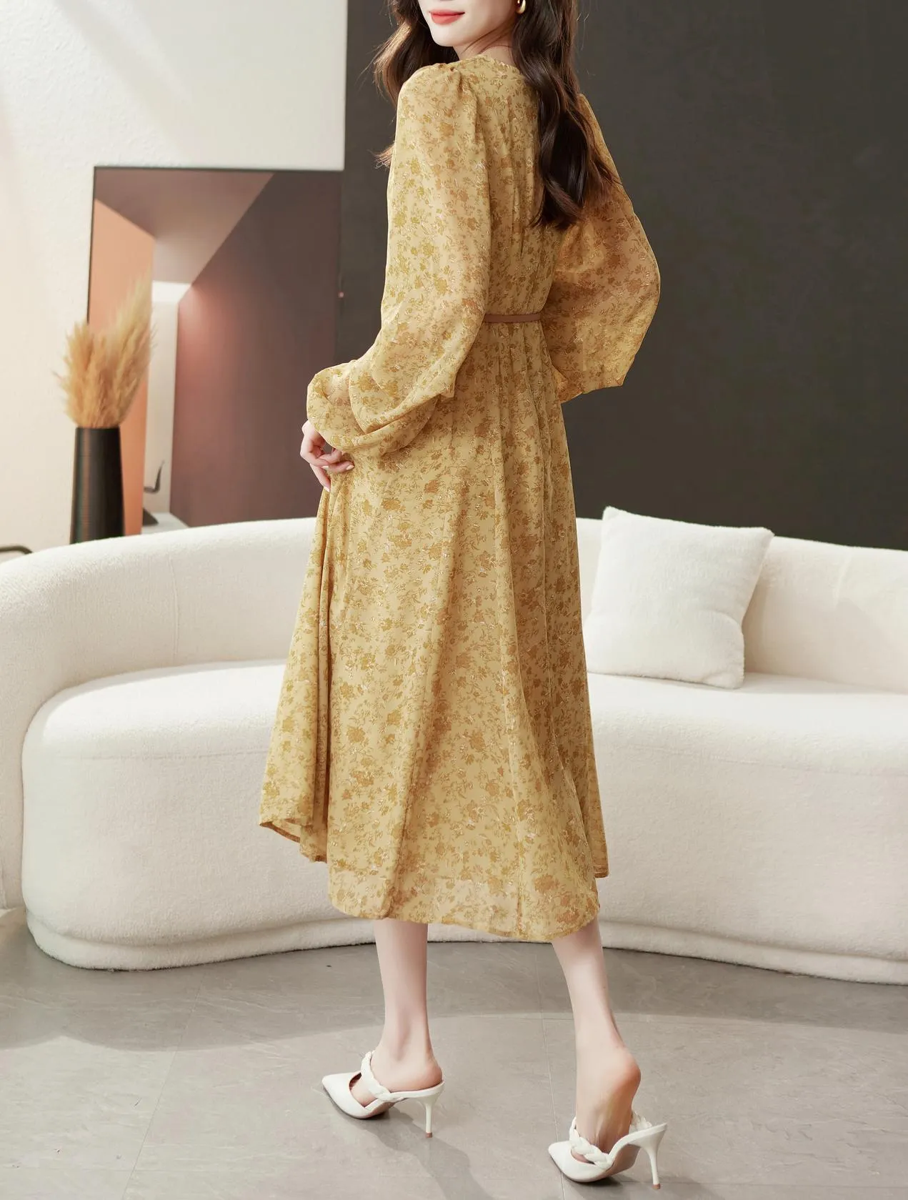 Elegant Calf-length Dress with Button Detailing for Women