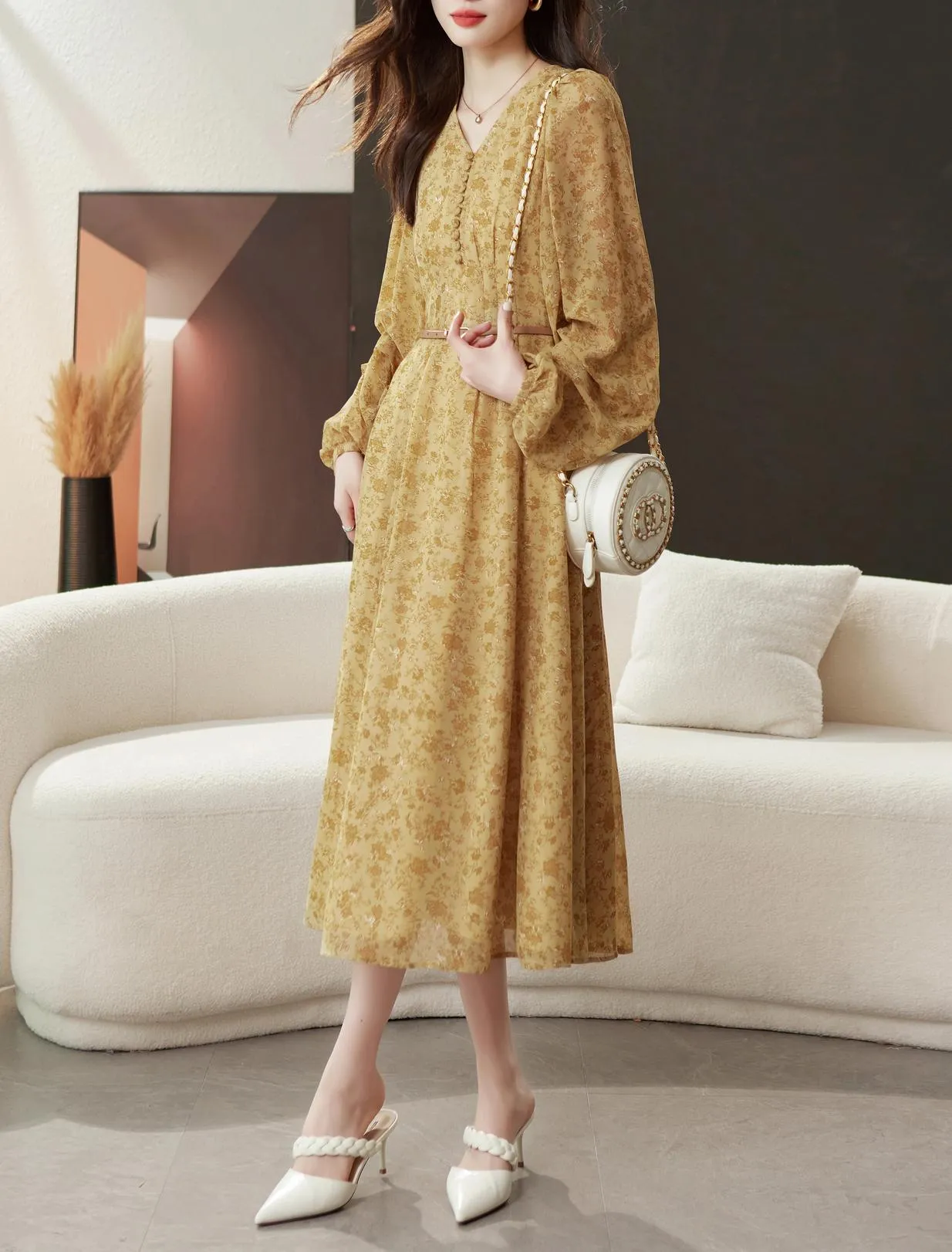 Elegant Calf-length Dress with Button Detailing for Women