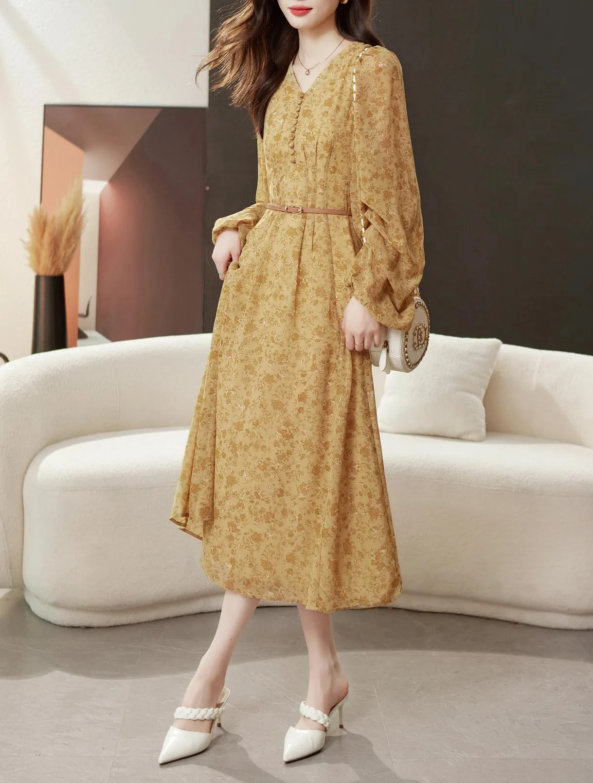 Elegant Calf-length Dress with Button Detailing for Women