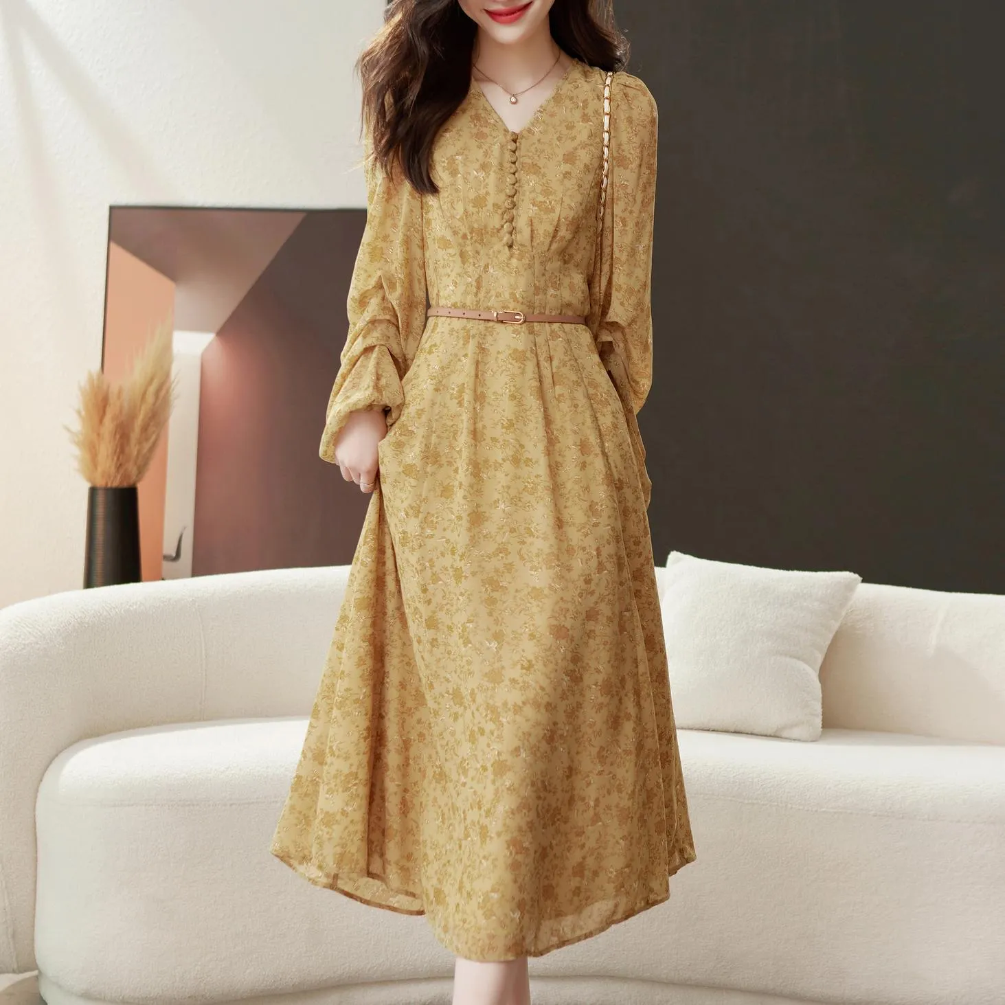 Elegant Calf-length Dress with Button Detailing for Women