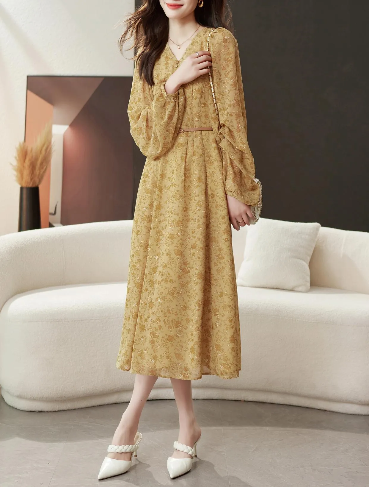 Elegant Calf-length Dress with Button Detailing for Women