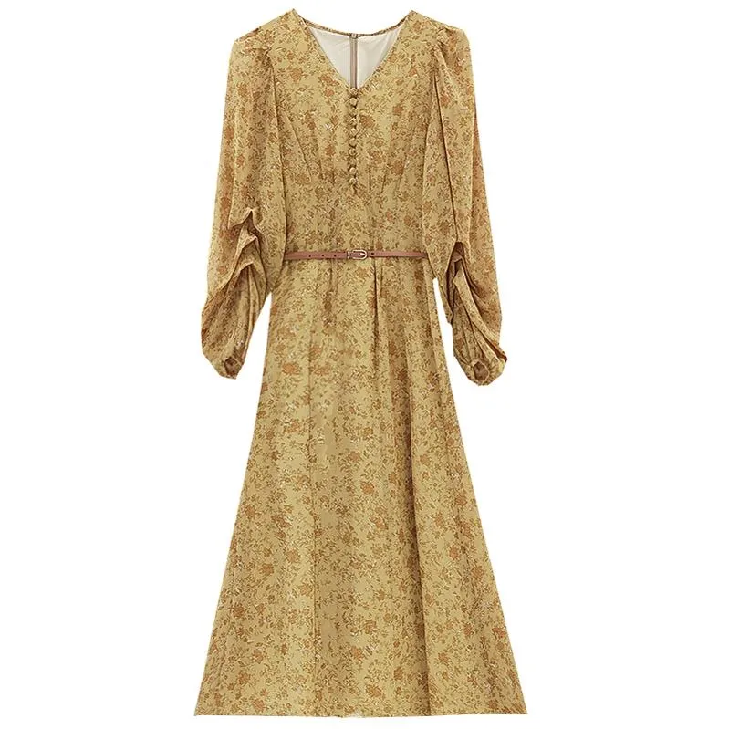 Elegant Calf-length Dress with Button Detailing for Women