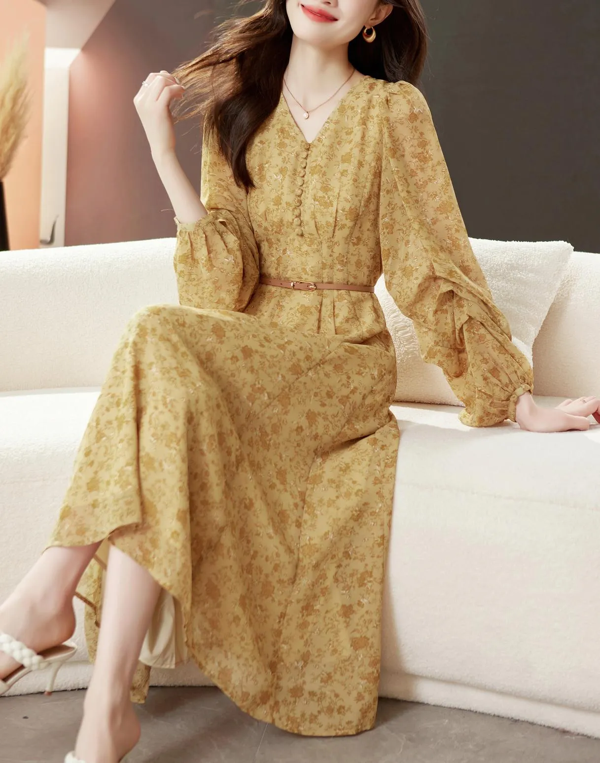 Elegant Calf-length Dress with Button Detailing for Women