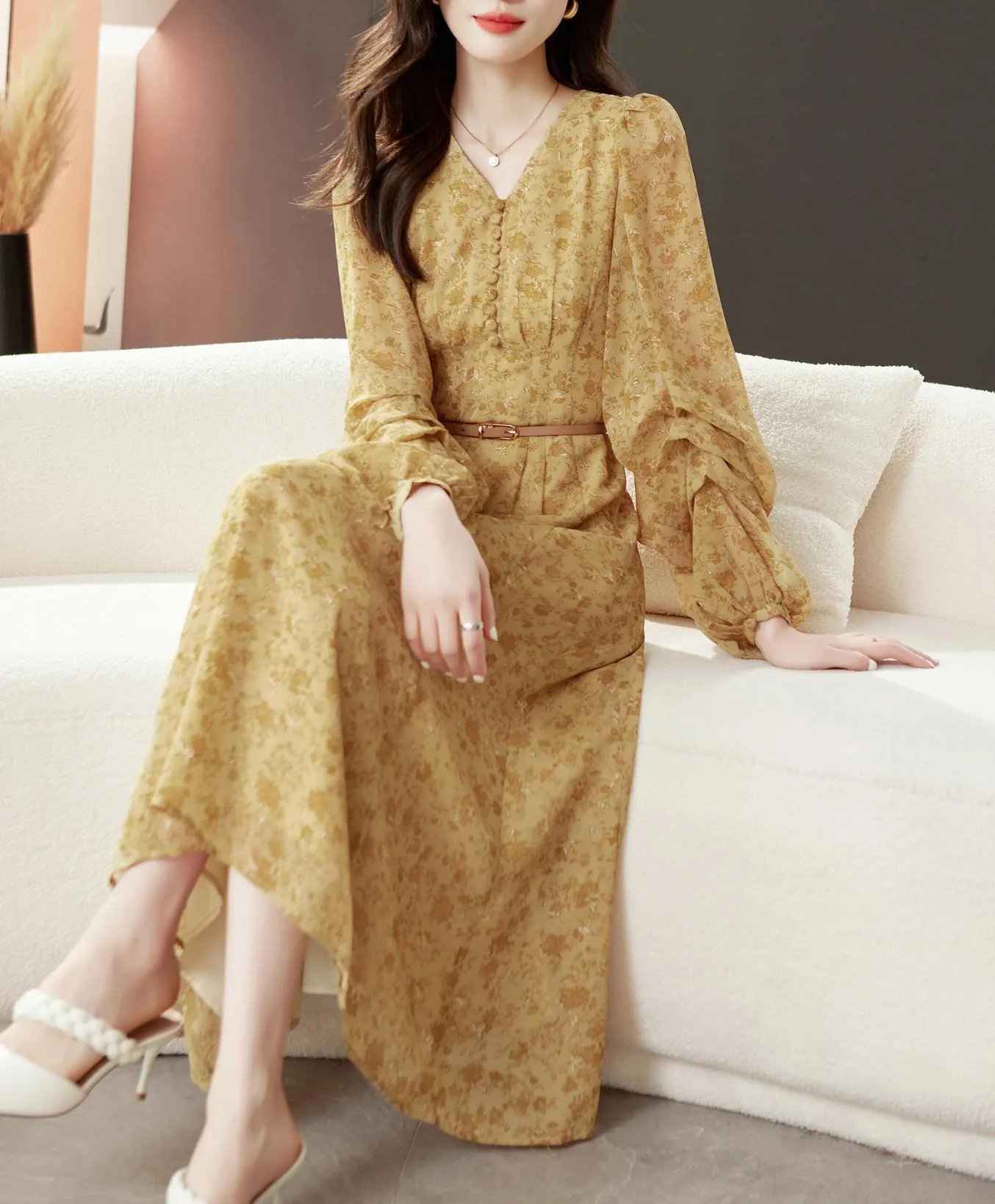 Elegant Calf-length Dress with Button Detailing for Women