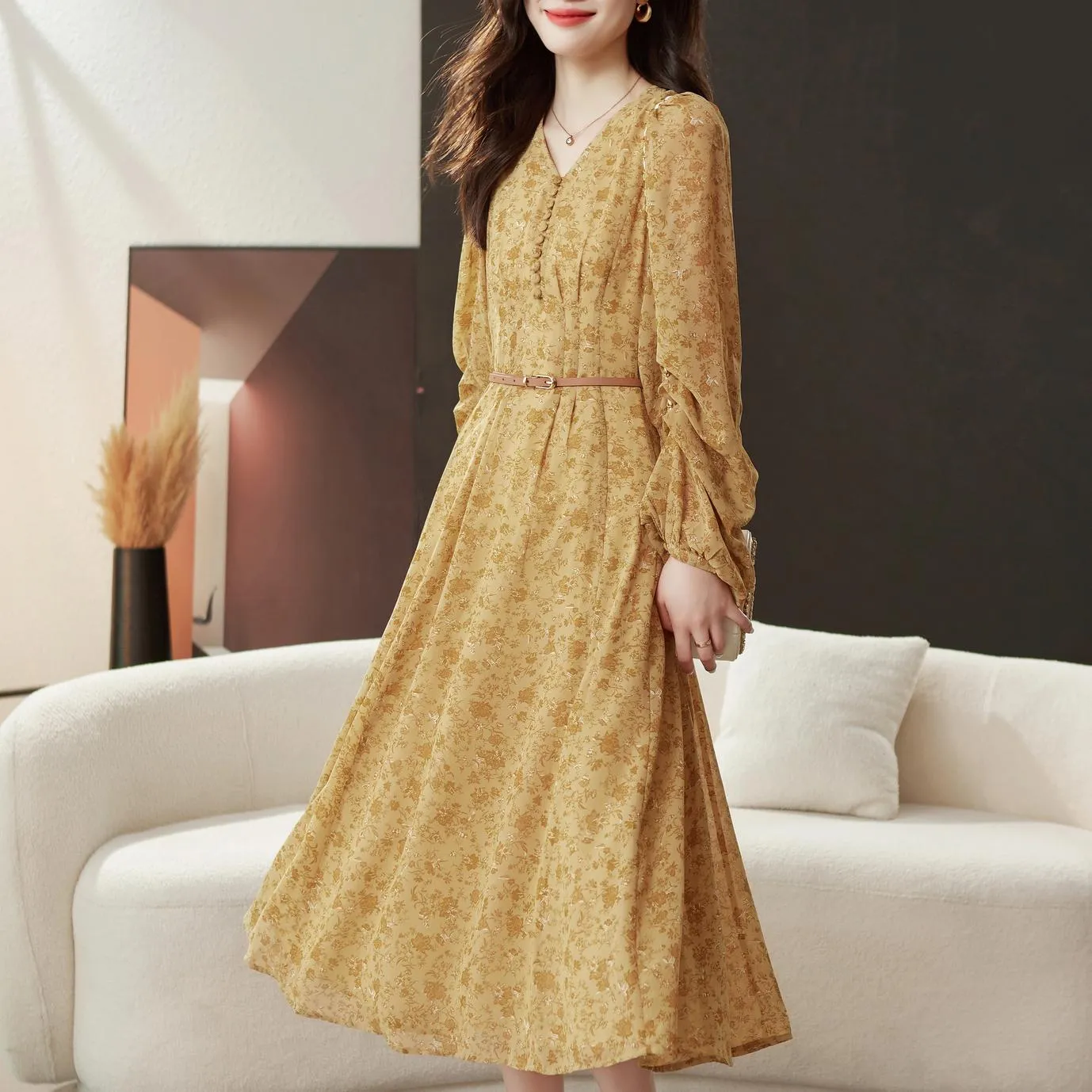 Elegant Calf-length Dress with Button Detailing for Women