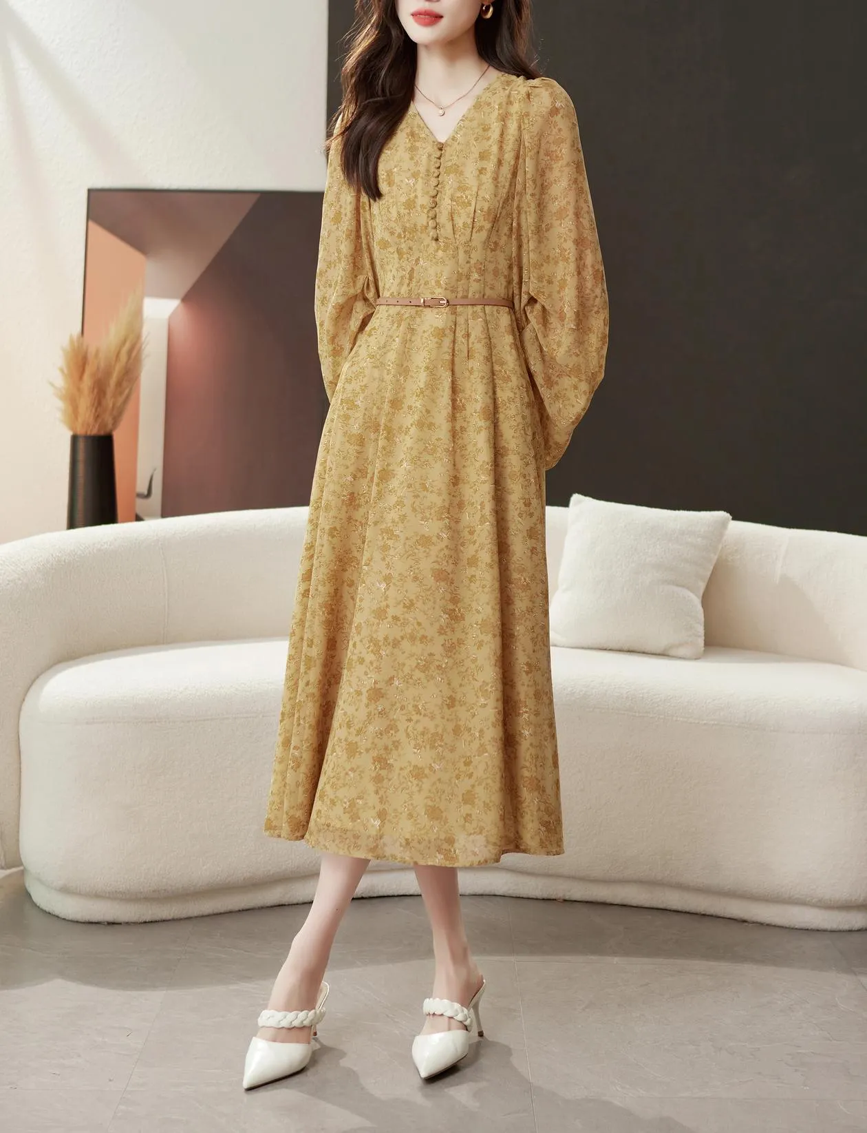 Elegant Calf-length Dress with Button Detailing for Women