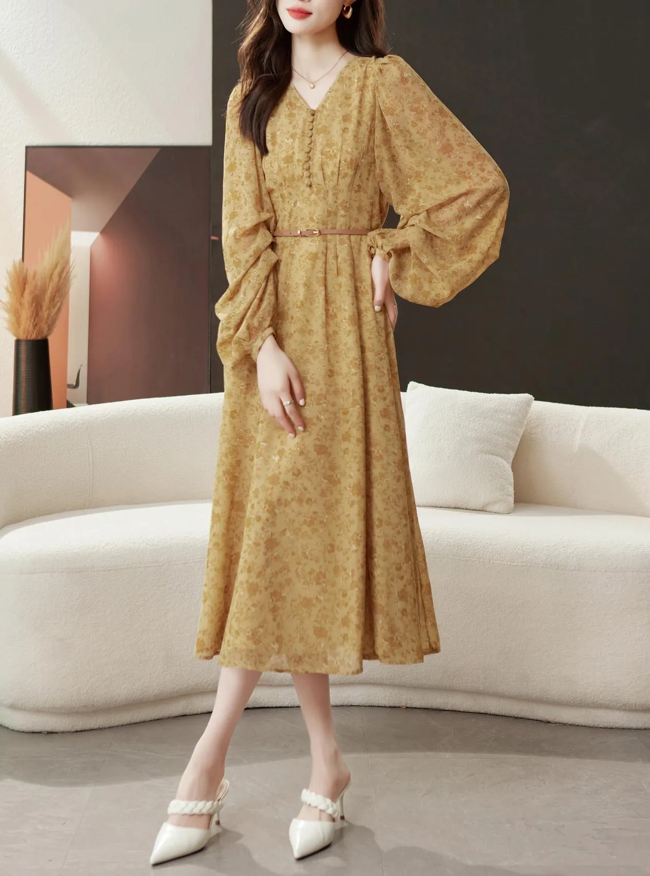 Elegant Calf-length Dress with Button Detailing for Women