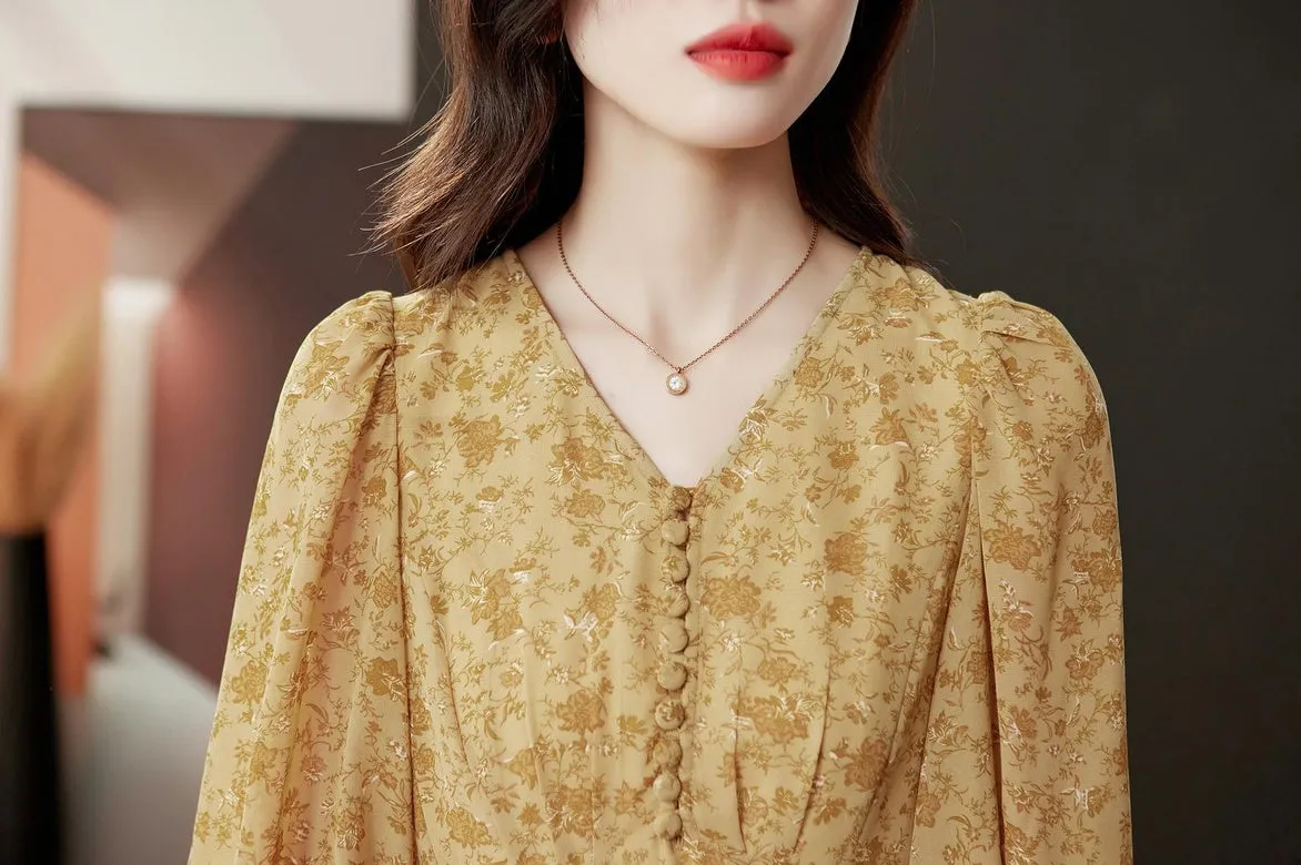 Elegant Calf-length Dress with Button Detailing for Women