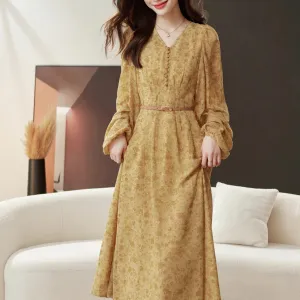 Elegant Calf-length Dress with Button Detailing for Women