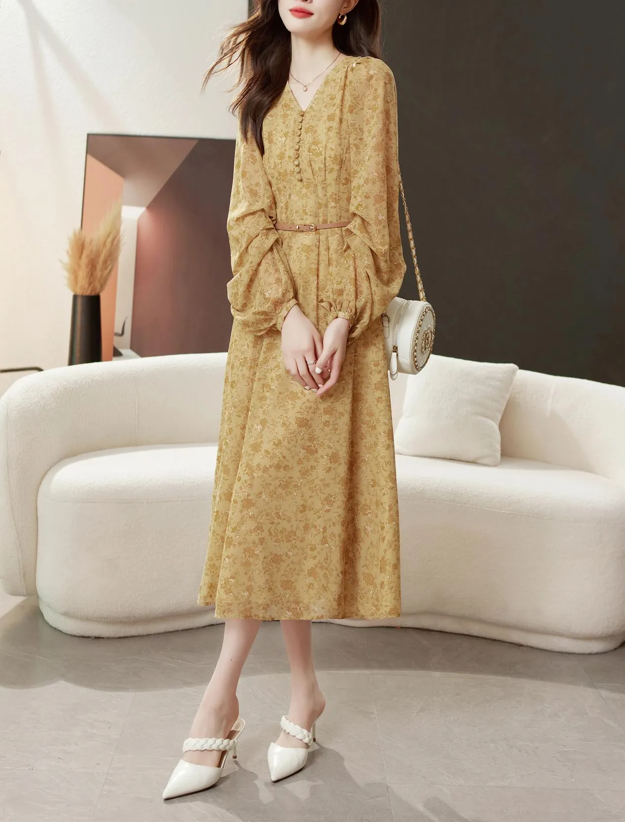 Elegant Calf-length Dress with Button Detailing for Women