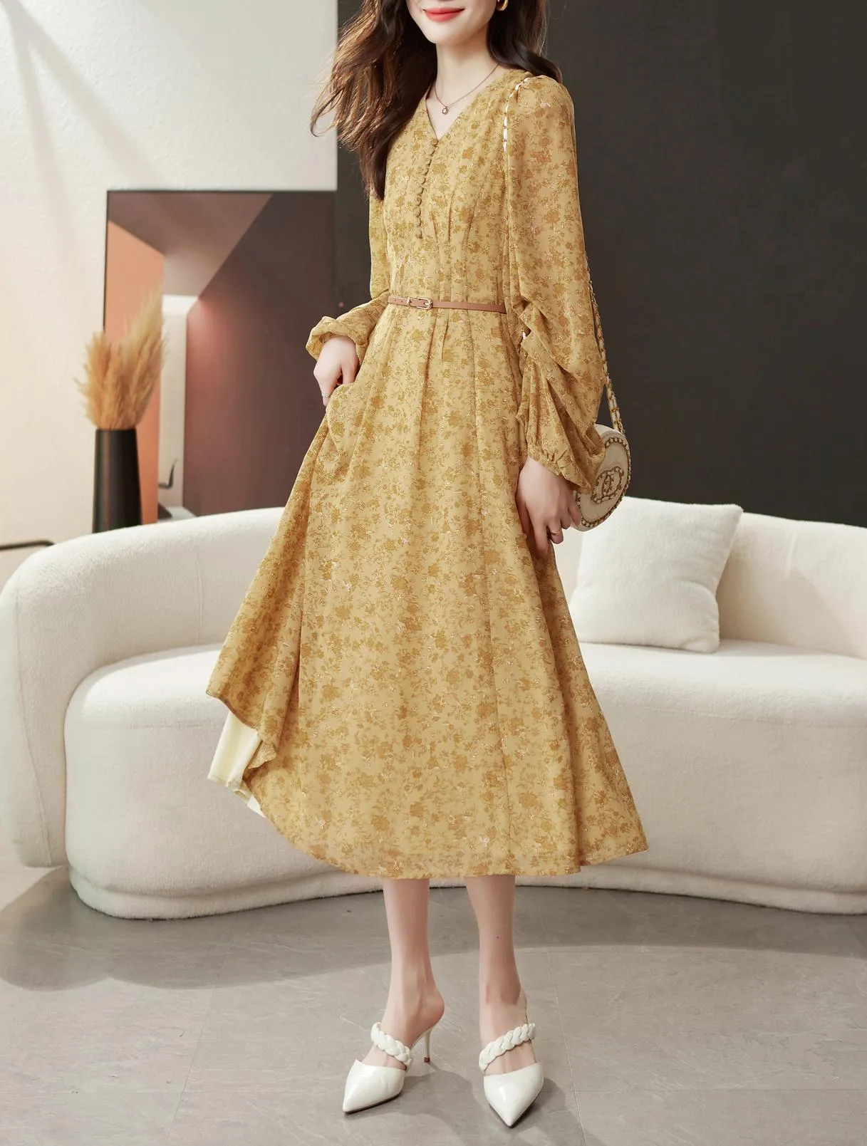 Elegant Calf-length Dress with Button Detailing for Women