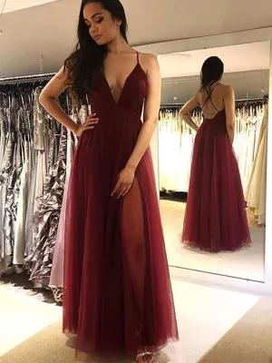 Elegant V Neck Backless Burgundy Tulle Long Prom, Simple V Neck Burgundy Formal, Cheap Burgundy Evening