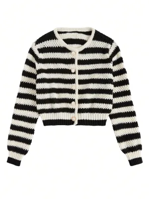 Essnce Striped Pattern Button Front Cardigan