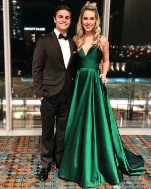 Fashion 2018 Spaghetti Straps Prom Dresses with V-Neck A line Long Prom Gowns for Party