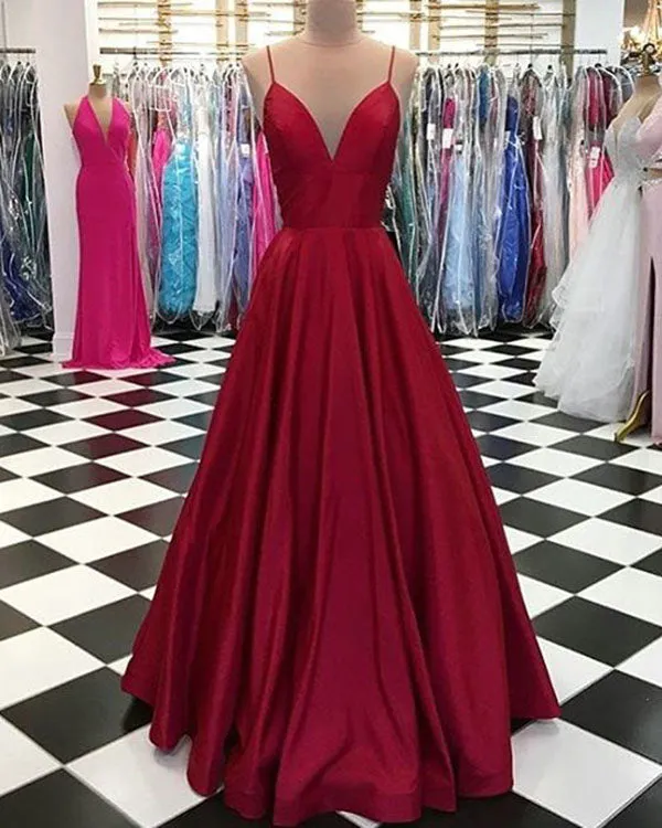 Fashion 2018 Spaghetti Straps Prom Dresses with V-Neck A line Long Prom Gowns for Party