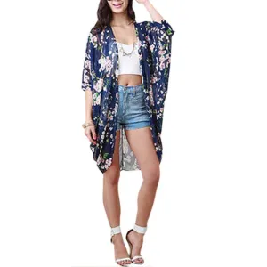Fashion Women Blouse Beach Boho Cardigan Floral Printed Half Sleeve Casual Loose Long Beach Blouses For Women