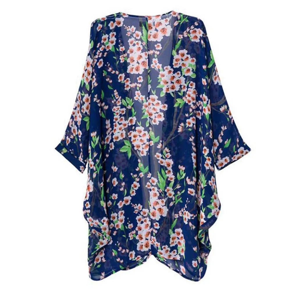Fashion Women Blouse Beach Boho Cardigan Floral Printed Half Sleeve Casual Loose Long Beach Blouses For Women