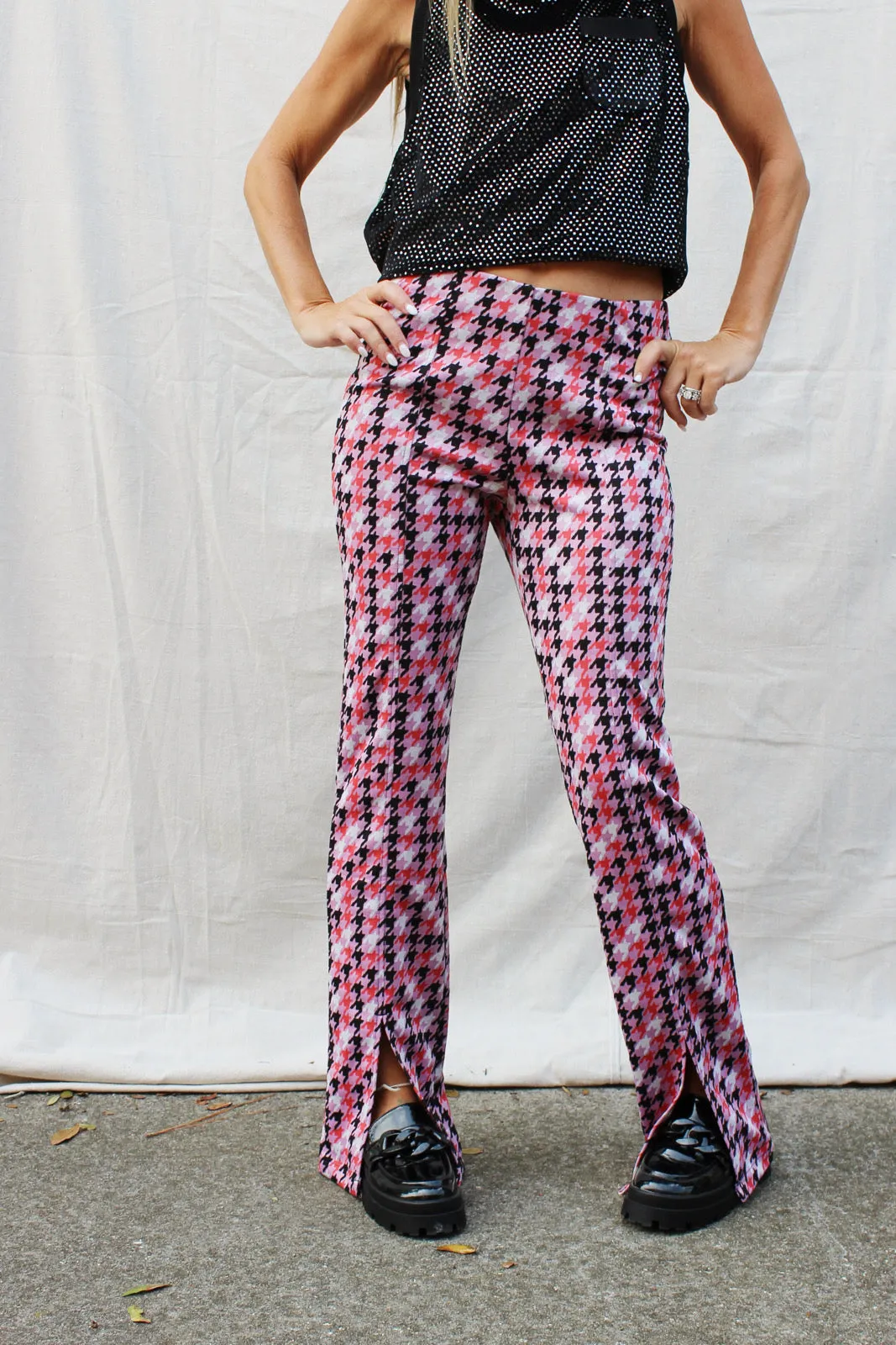 Feel Fancy Houndstooth Jacquard Front Slit Pants