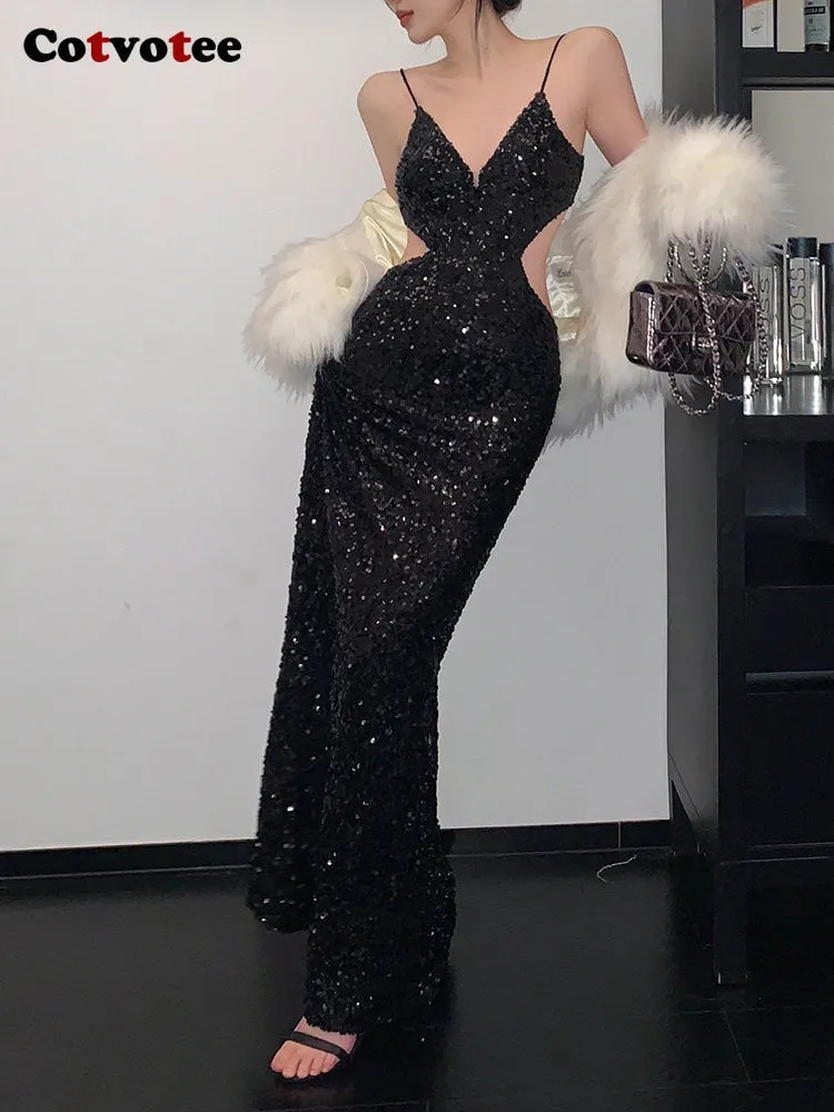 Floor Length Hollow Out Backless Sequins Sexy Evening Dress
