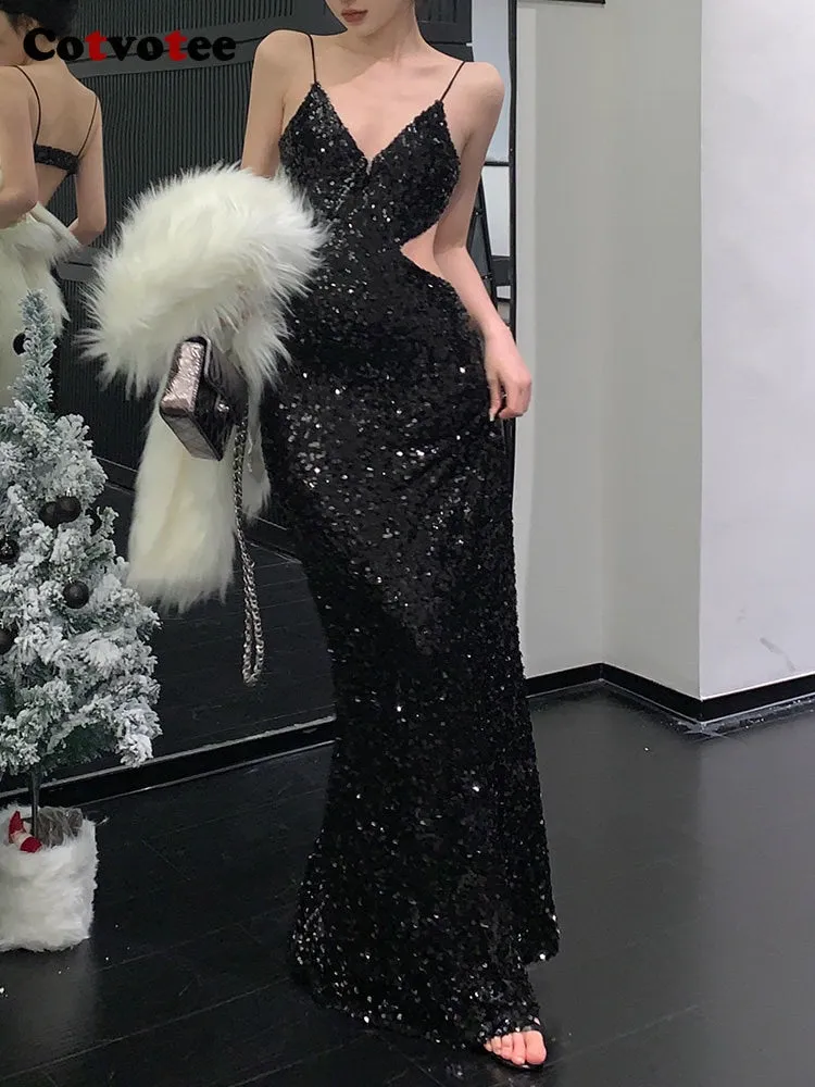 Floor Length Hollow Out Backless Sequins Sexy Evening Dress